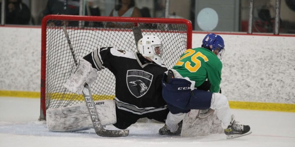 A hockey goalie stopping a shot.